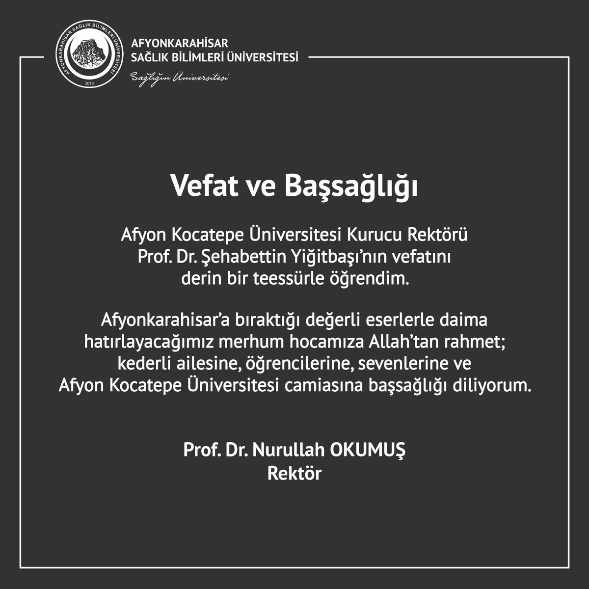 Prof. Dr. Şehabettin Yiğitbaşı için Taziye Mesajı